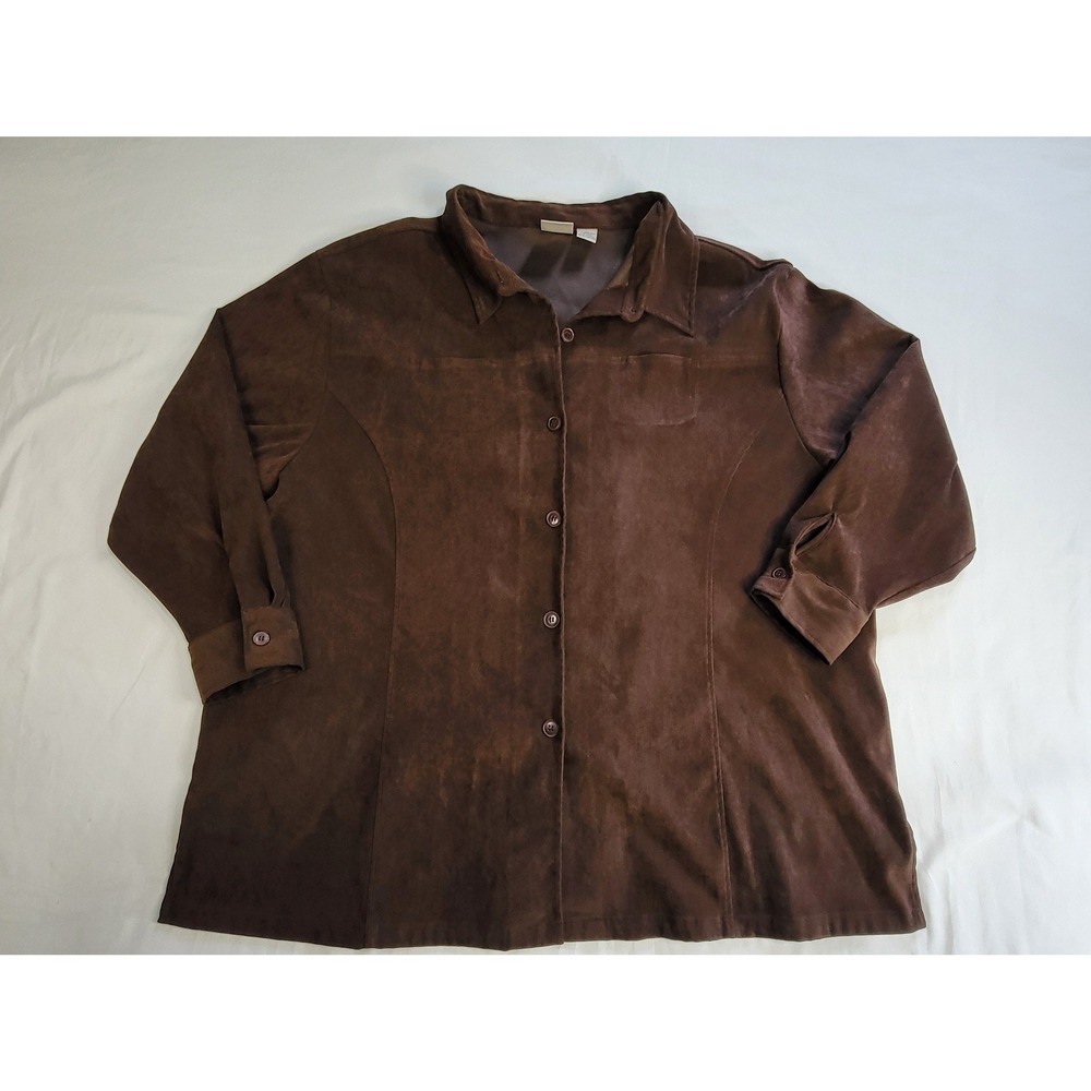 NWB Casuals Woman Faux Suede Button Down Shirt Brown 3X Long Sleeve Stretch